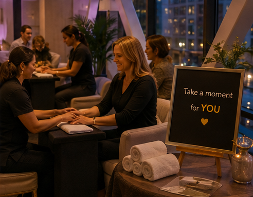 A guest receiving a complimentary hand massage in the Hotel Ivy skyway