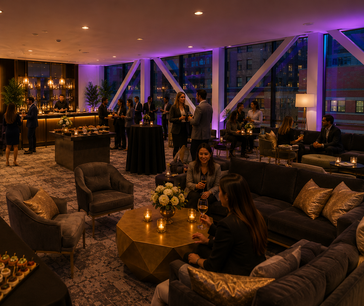 Guests enjoying cocktails, conversation, and lounge seating at the evening reception